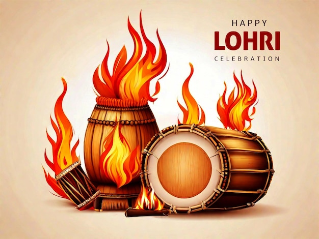 PSD indisches lohri-fest feiern feuerhintergrund mit geschmückter trommel und lagerfeuer