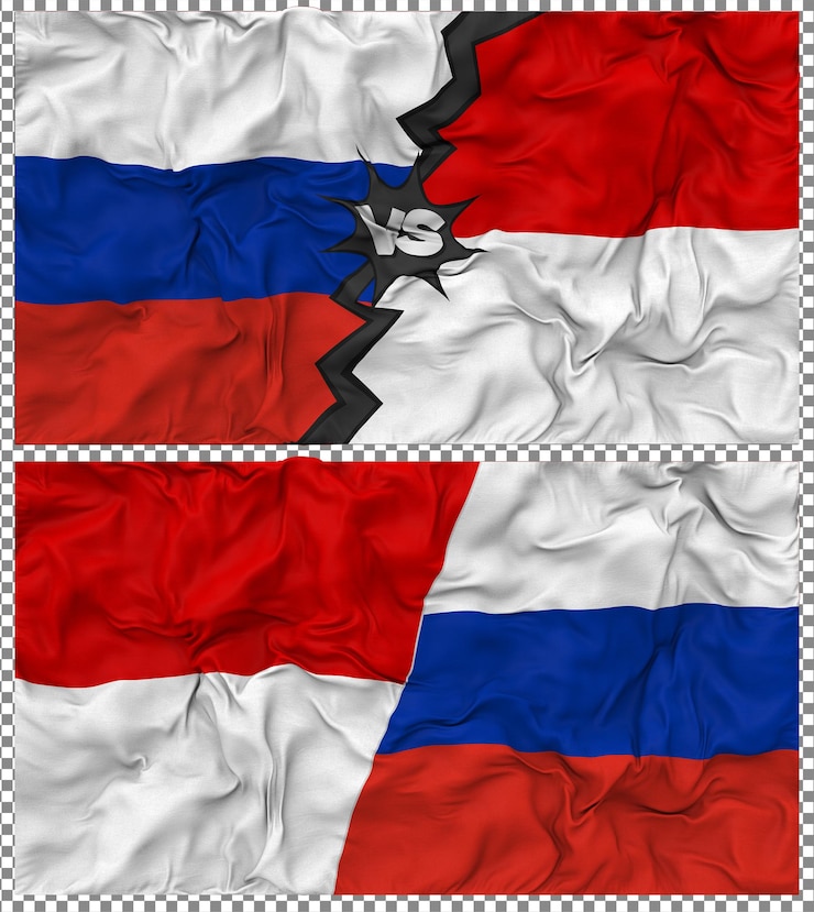 PSD indonesia contra rusia media bandera combinada con textura 3d de la tela de la bandera