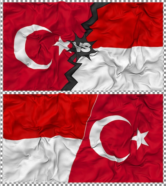 Indonesia contra Turquía Media bandera combinada con textura 3D de la tela de la bandera