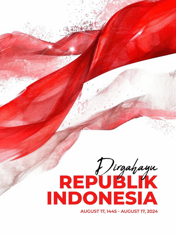 PSD indonesian independence day poster template with red and white flag brush background