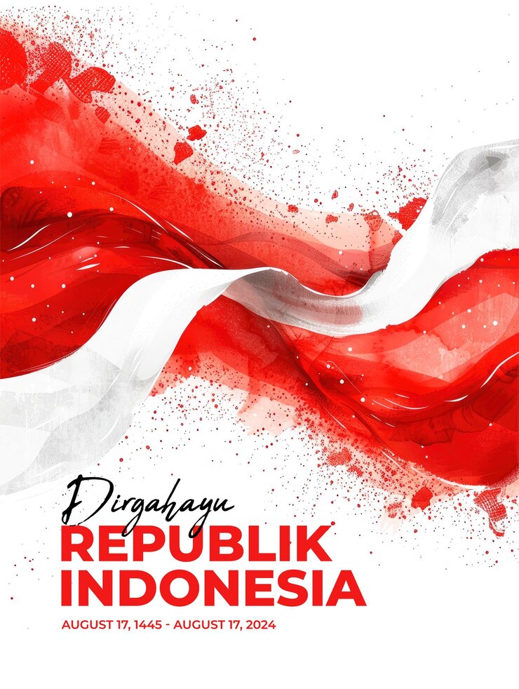 PSD indonesian independence day poster template with red and white flag brush background