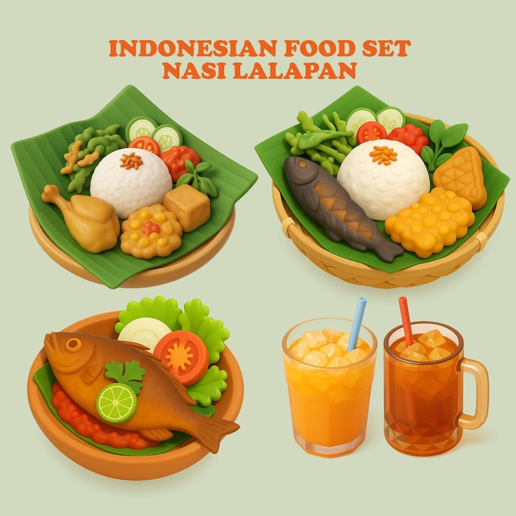 PSD indonesian nasi lalapan food set illustration