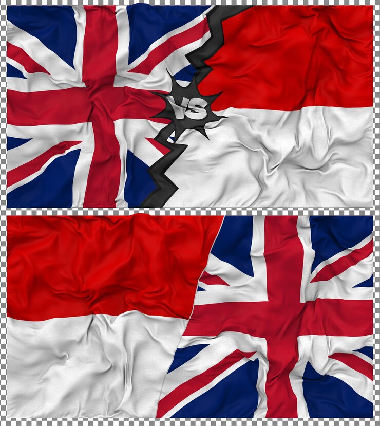 PSD indonesien gegen das vereinigte königreich halbkombinierte flagge stoff bump texture 3d-rendering