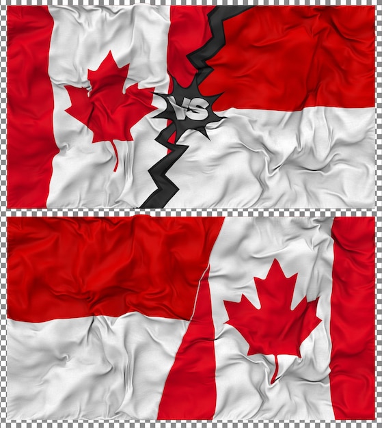 Indonesien gegen Kanada Halbkombinierte Flagge Stoff-Bump-Textur 3D-Rendering