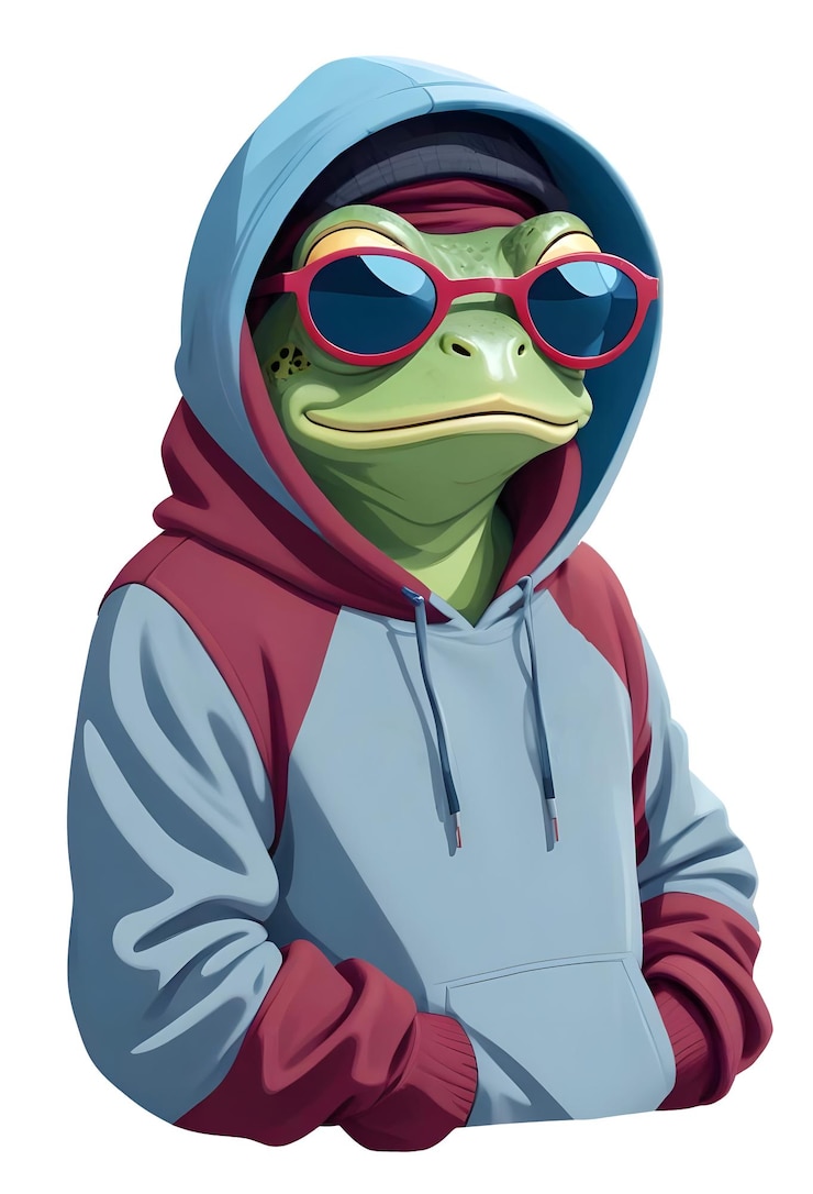 PSD indossando una felpa con cappuccio animale divertente personaggio illustrato grafico vettoriale di rana