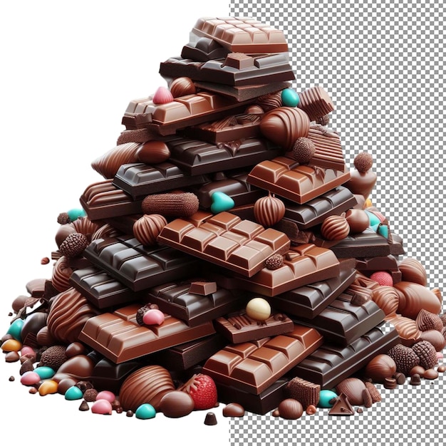 PSD indulgent delight isolierte 3d-schokoladenhaufen auf einer klaren png-palette