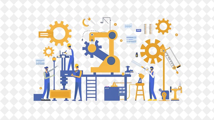 PSD industrial engineer with characters building and repairing m png people in daily work illustration