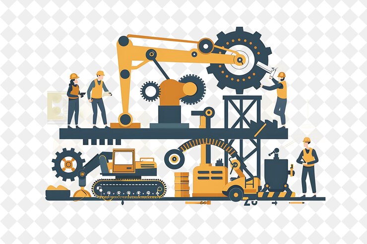 PSD industrial engineer with characters building and repairing m png people in daily work illustration