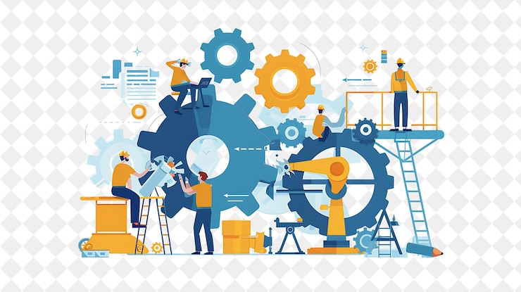 PSD industrial engineer with characters building and repairing m png people in daily work illustration