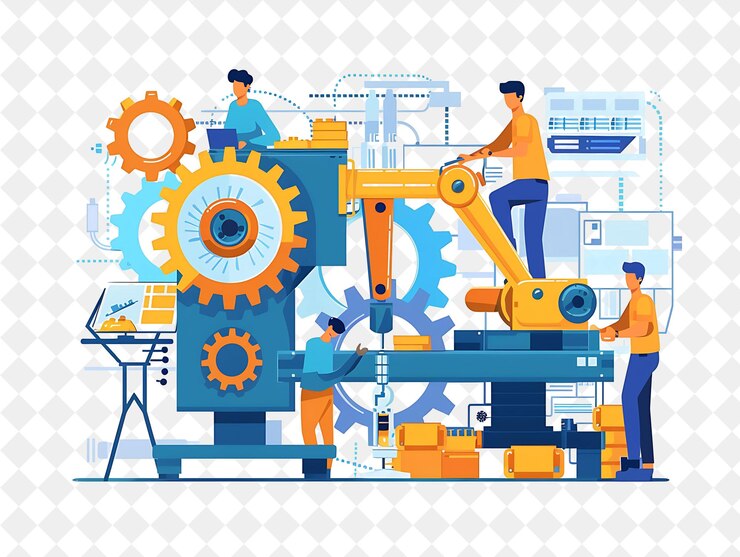 PSD industrial engineer with characters building and repairing m png people in daily work illustration