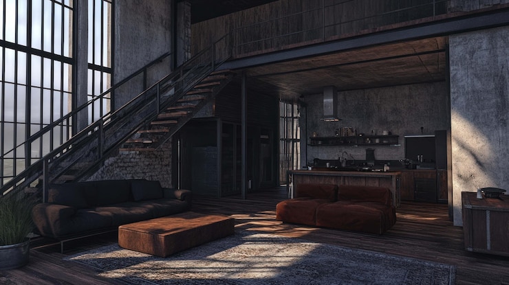 PSD industrial loft apartment interior design la luce solare scorre attraverso grandi finestre