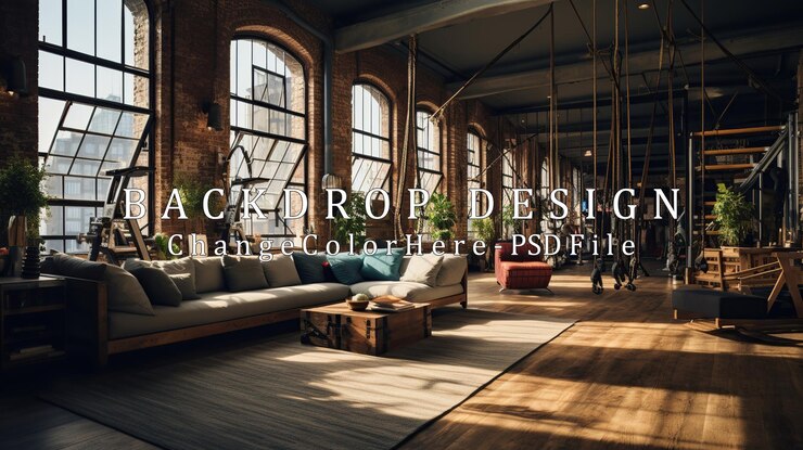 PSD industrial loft living room with exercise equipment