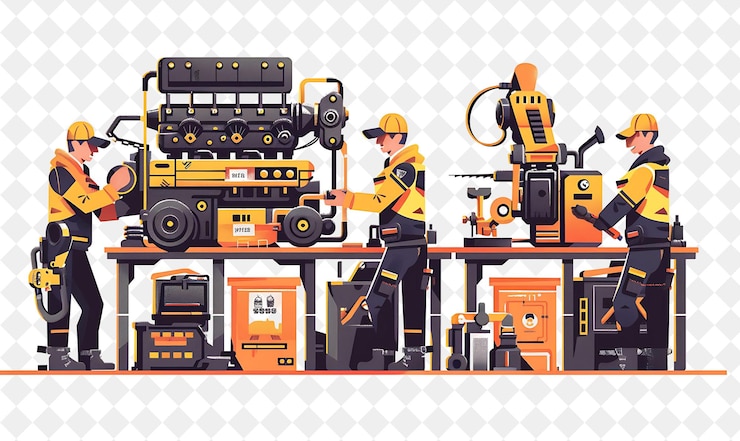 PSD industrial mechanic with characters fixing engines and using png people in daily work illustration
