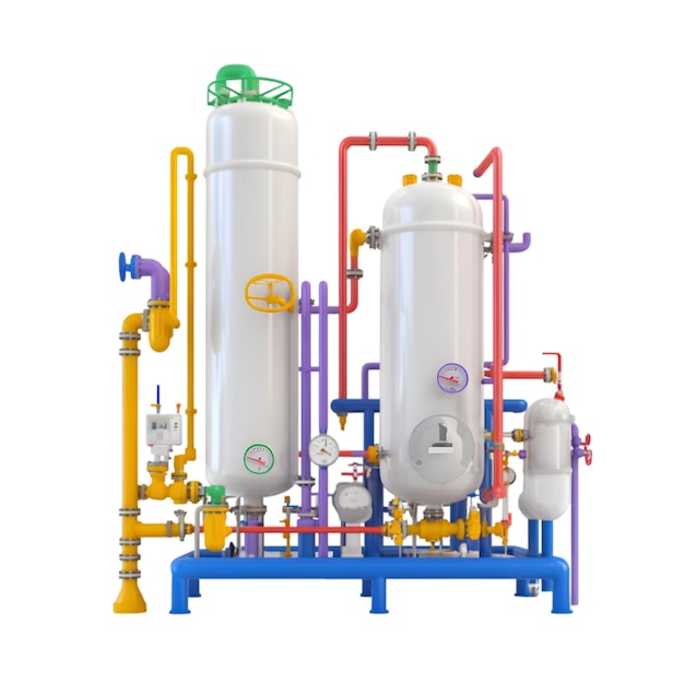 Industrielles Gasverarbeitungssystem 3D-Illustration farbenfroher Gasfiltrations- und Speichergeräte