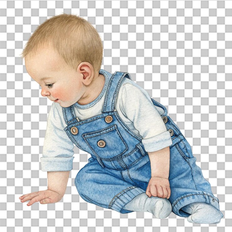 PSD infant wears blue denim overalls watercolor nursery isolated on transparent background
