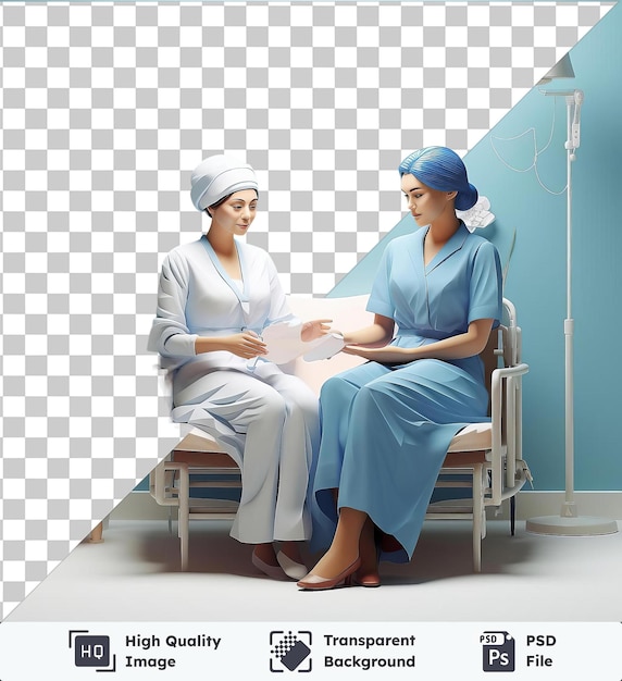 PSD infirmière 3d transparente de haute qualité soignant un patient dans une pièce avec une petite table en bois mur bleu et sol blanc l'infirmière porte une robe bleue et un chapeau blanc