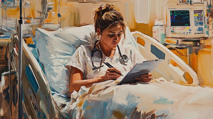 PSD une infirmière dresse les notes des patients dans un lit d'hôpital.