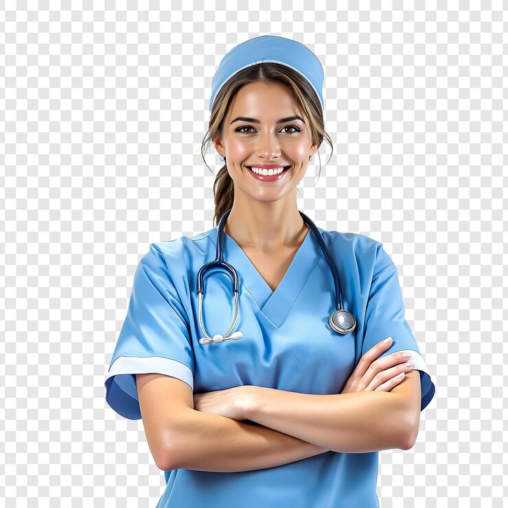 PSD une infirmière avec un uniforme bleu et un stéthoscope sur la poitrine