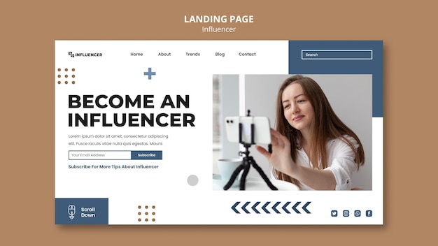 PSD influencer-landingpage-vorlage mit foto