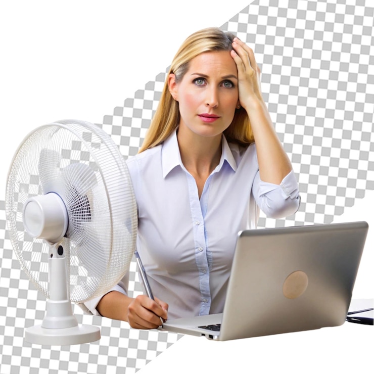PSD influencer rubia usando una computadora portátil