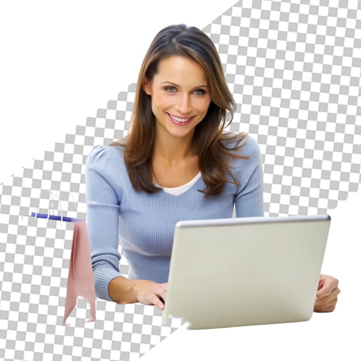 PSD influencer rubia usando una computadora portátil
