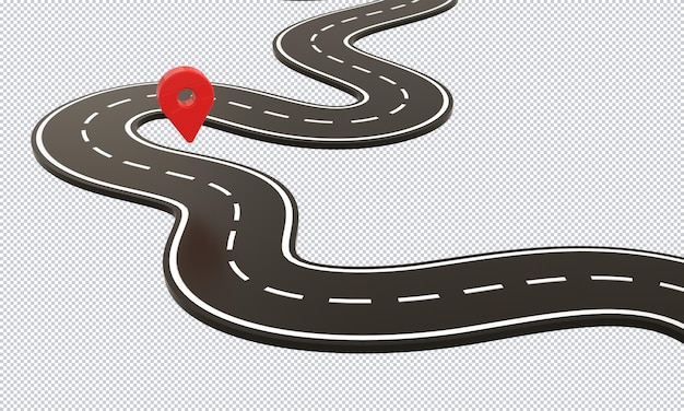PSD infografía de camino sinuoso y diseño de representación de pin de ubicación de mapa fondo aislado