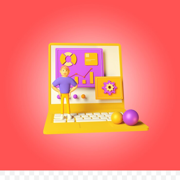 PSD infografía de computadora portátil de renderizado 3d con ilustración de personaje