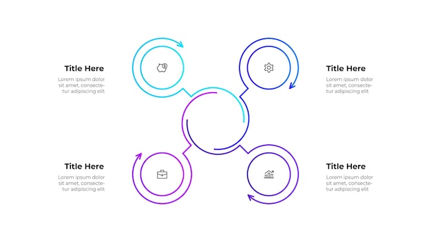 Infografía creativa con elementos circulares e íconos Diagrama de líneas con 4 pasos o procesos