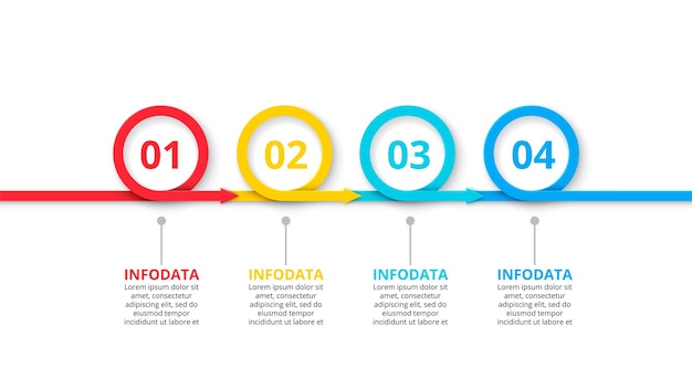 Infografía de cuatro anillos con plantilla de flechas para presentación con 4 opciones de pasos o procesos