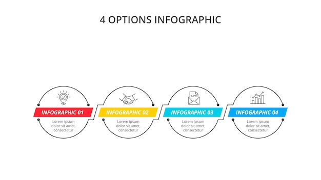 Infografica a cerchi piatti a linea sottile con strisce colorate Concetto di business con 4 opzioni o processi