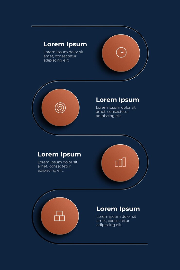 PSD infografica aziendale astratta con icone marroni e segmenti semplificati su uno sfondo scuro