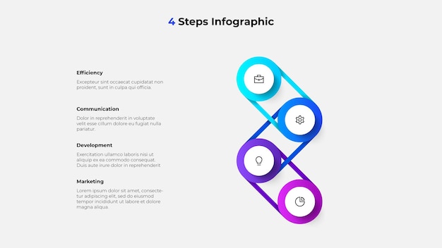 Infográfico con 4 pasos para presentaciones, visualización de datos y representación organizativa