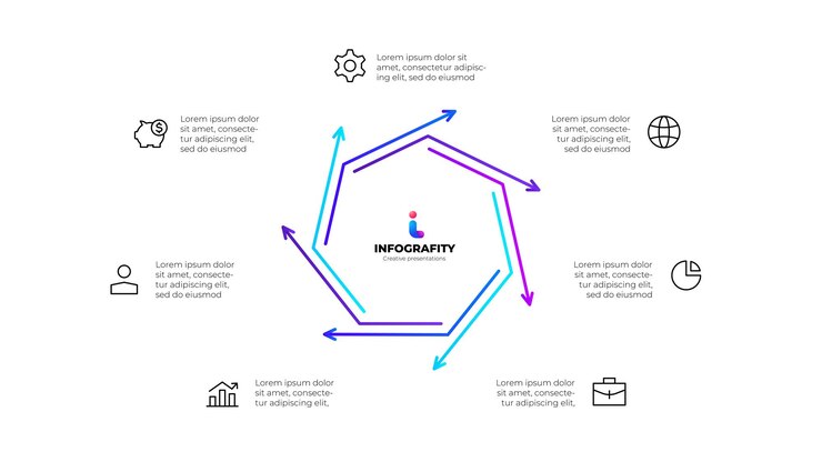 PSD infográfico de ciclo de línea con un heptágono con flechas diagrama con 7 pasos o procesos
