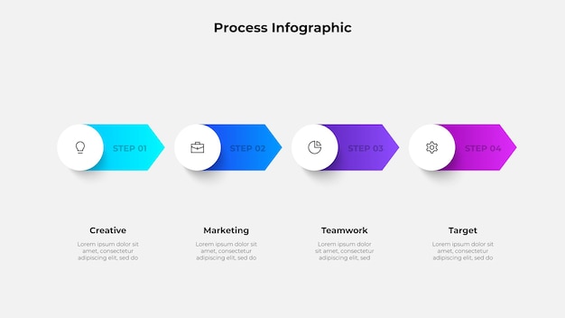 Infográfico colorido de processo em quatro etapas para negócios e fluxo de trabalho em equipe