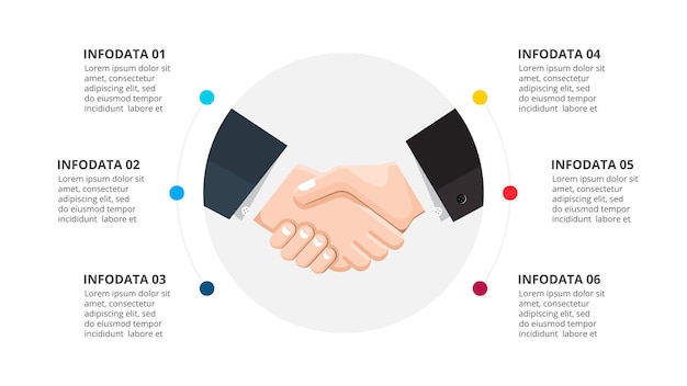 Infográfico de aperto de mão com 6 opções conceito de cooperação de acordo comercial para desenvolvimento