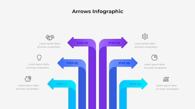 Infográfico de flecha colorido explicando seis etapas de uma visualização de processo de negócio