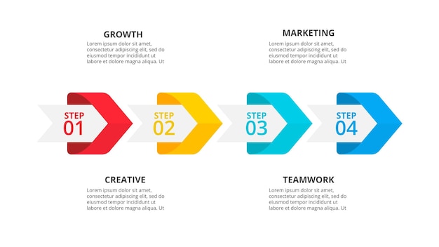PSD infográfico de linha do tempo de seta elementos abstratos para apresentação de negócios com 4 etapas