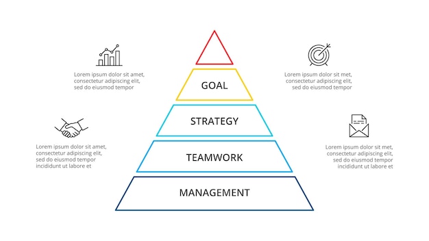 PSD infográfico de pirâmide linear com 4 opções modelo de apresentação de negócios