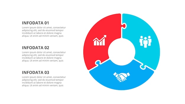 PSD infográfico de quebra-cabeça de círculo com 3 opções modelo de negócios para apresentação