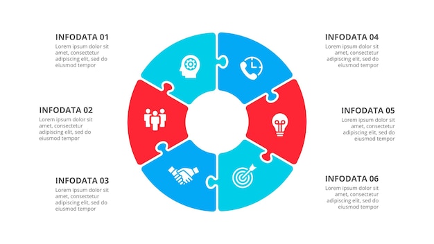 Infográfico de quebra-cabeça de círculo com 6 opções modelo de negócios para apresentação