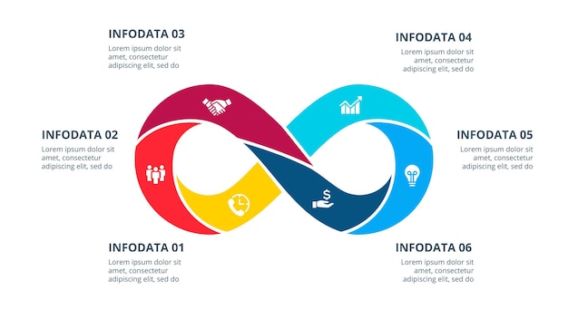 Infográfico de sinal de infinito. Modelo de apresentação com 6 opções. Diagrama abstrato.
