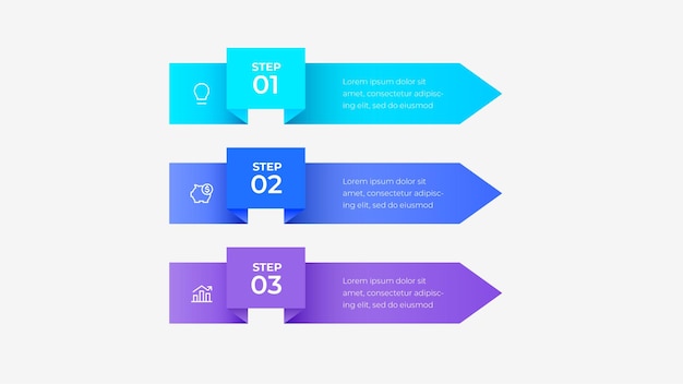 Infográfico de três setas ideal para ilustrar estágios de processo, planejamento ou gráficos de fluxo de trabalho