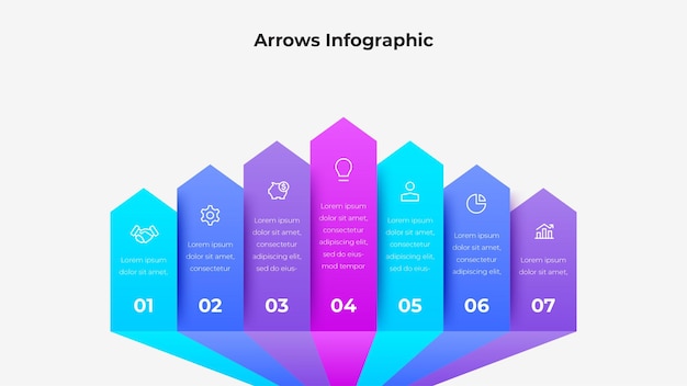 Infográfico de negocios colorido con siete pasos y formas de flecha