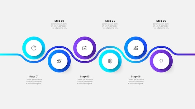 Infográfico Processo em 6 etapas com elementos de círculo para apresentações de negócios ou marketing