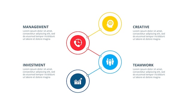 Infografik mit 4 kreiselementen kann für zeitleiste oder prozessdiagramm verwendet werden. schritte präsentation.