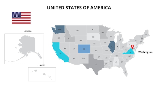 PSD infografik-vorlage für die photoshop-karte der usa, unterteilt nach ländern. folienpräsentation