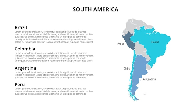 PSD infografik-vorlage für die südamerika-karte, unterteilt nach ländern. folienpräsentation