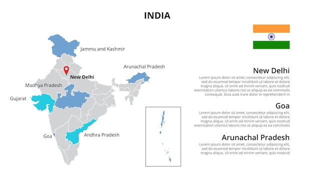 Infografik-vorlage für indien-vektorkarte, unterteilt nach bundesstaaten, regionen oder provinzen. folienpräsentation