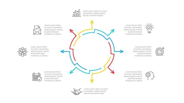 PSD infografische zyklusdiagramme mit 8 optionsschritten oder -prozessen skizzieren