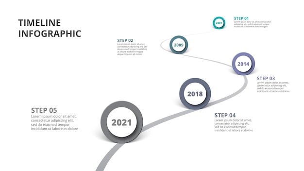 Infographic company milestones timeline template with pointers on a curved road line